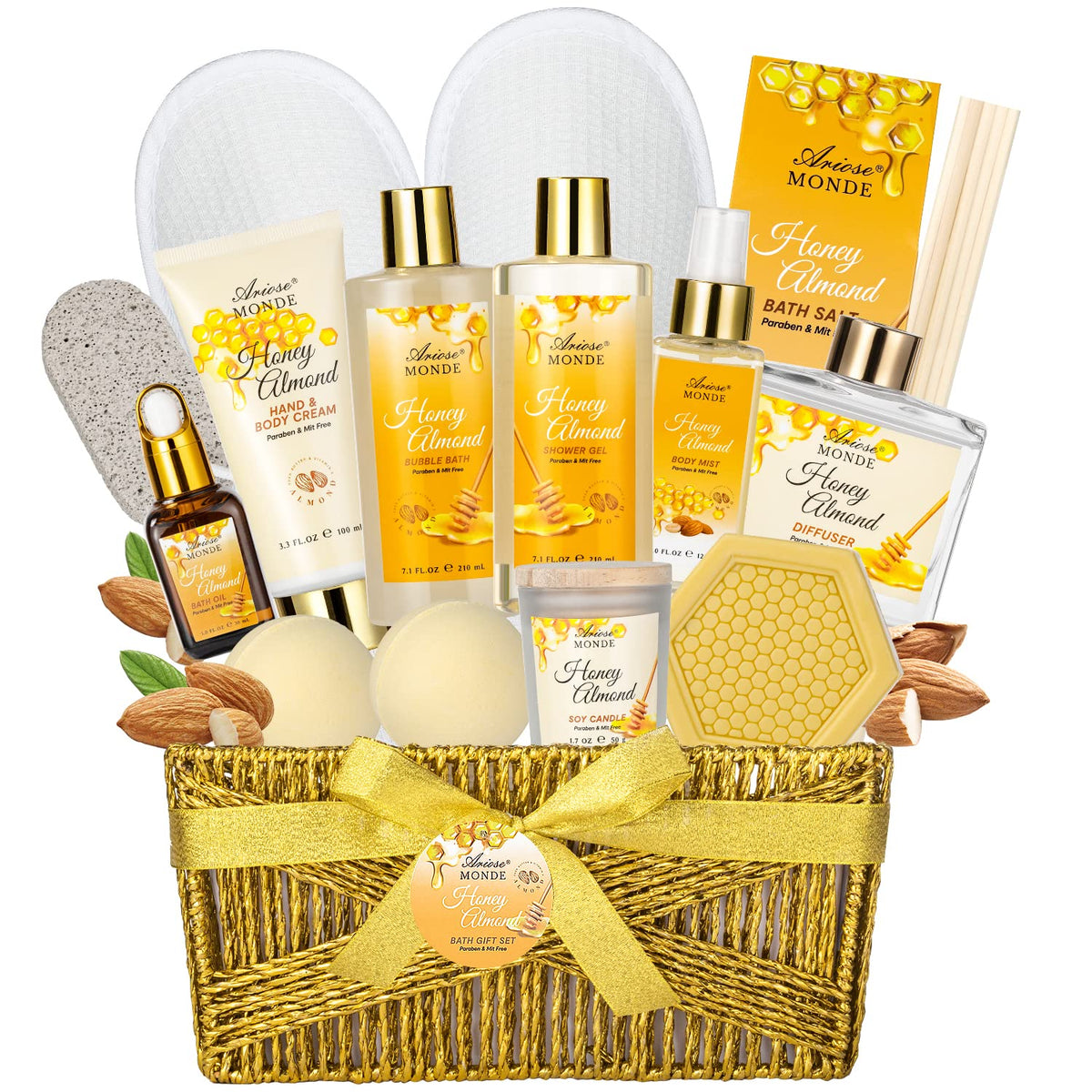 Ariosemonde Luxury Home Spa Gift Set - 15 Pcs Honey Almond Bath Essentials For Women & Teens