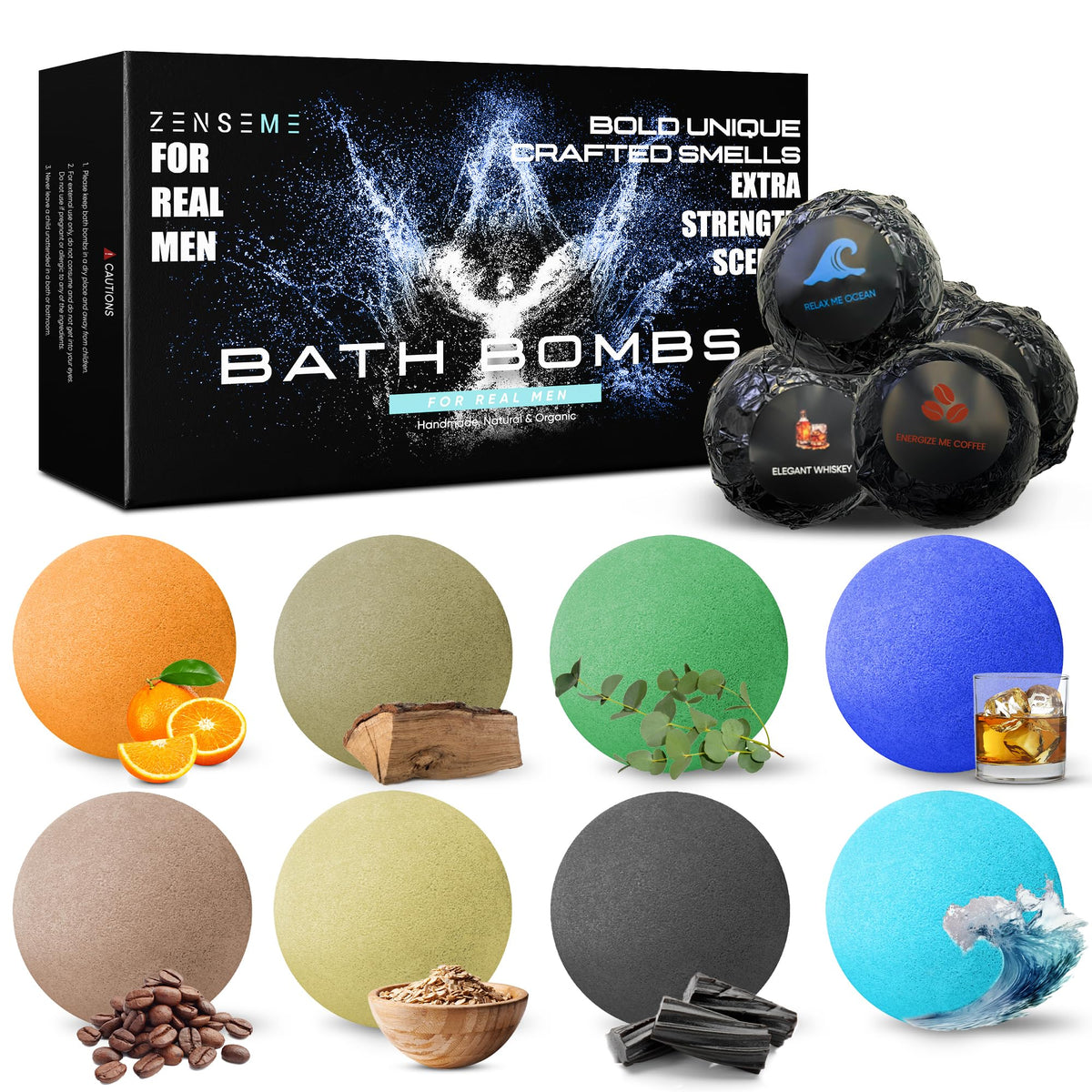 Zenseme Bath Bombs For Men - 8 Organic Scented Bombs With Essential Oils, 2.5 Oz, Gift