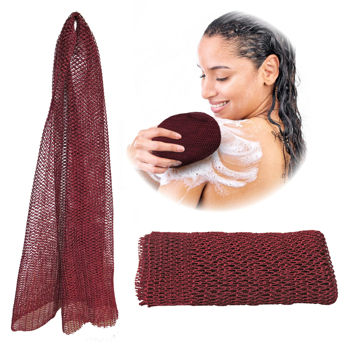 Adeton African Net Sponge - Exfoliating Bath Wash Cloth, Burgundy, Body Scrub & Dead Skin Remover