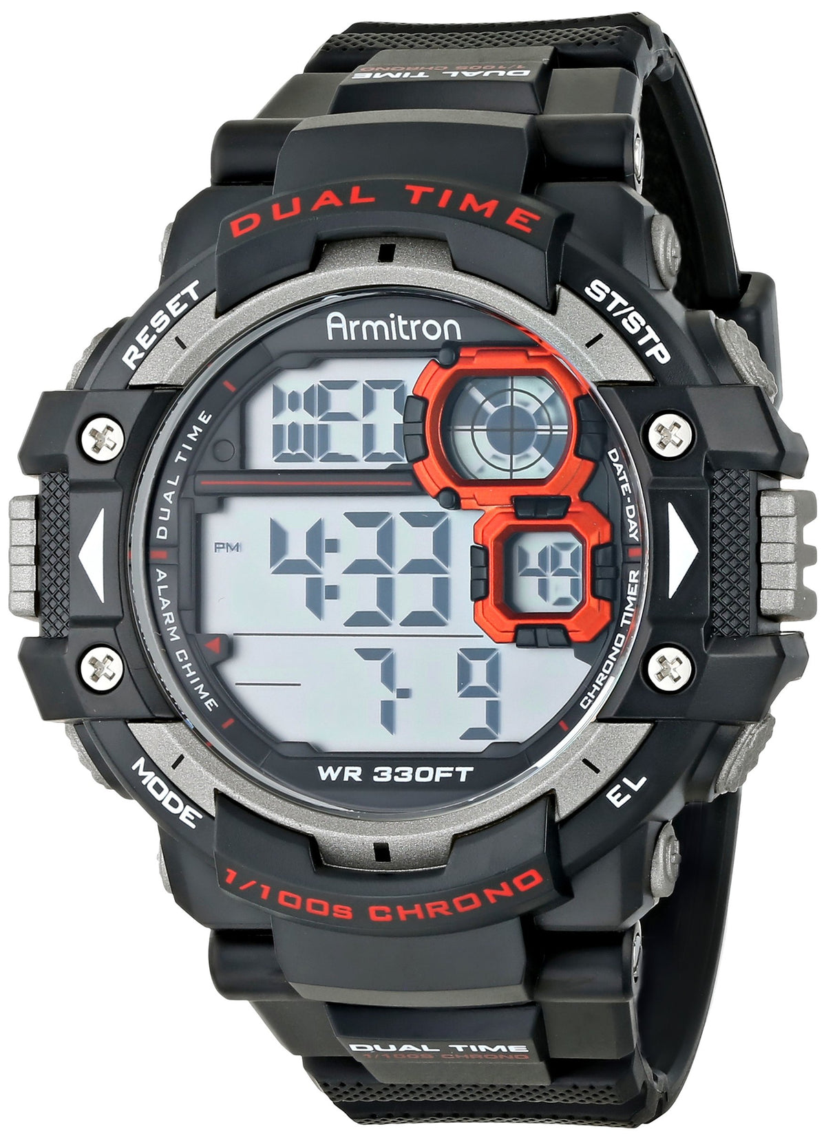 Armitron Sport Men'S Digital Chronograph Watch, Grey Case, Black Resin Strap, Black/Orange