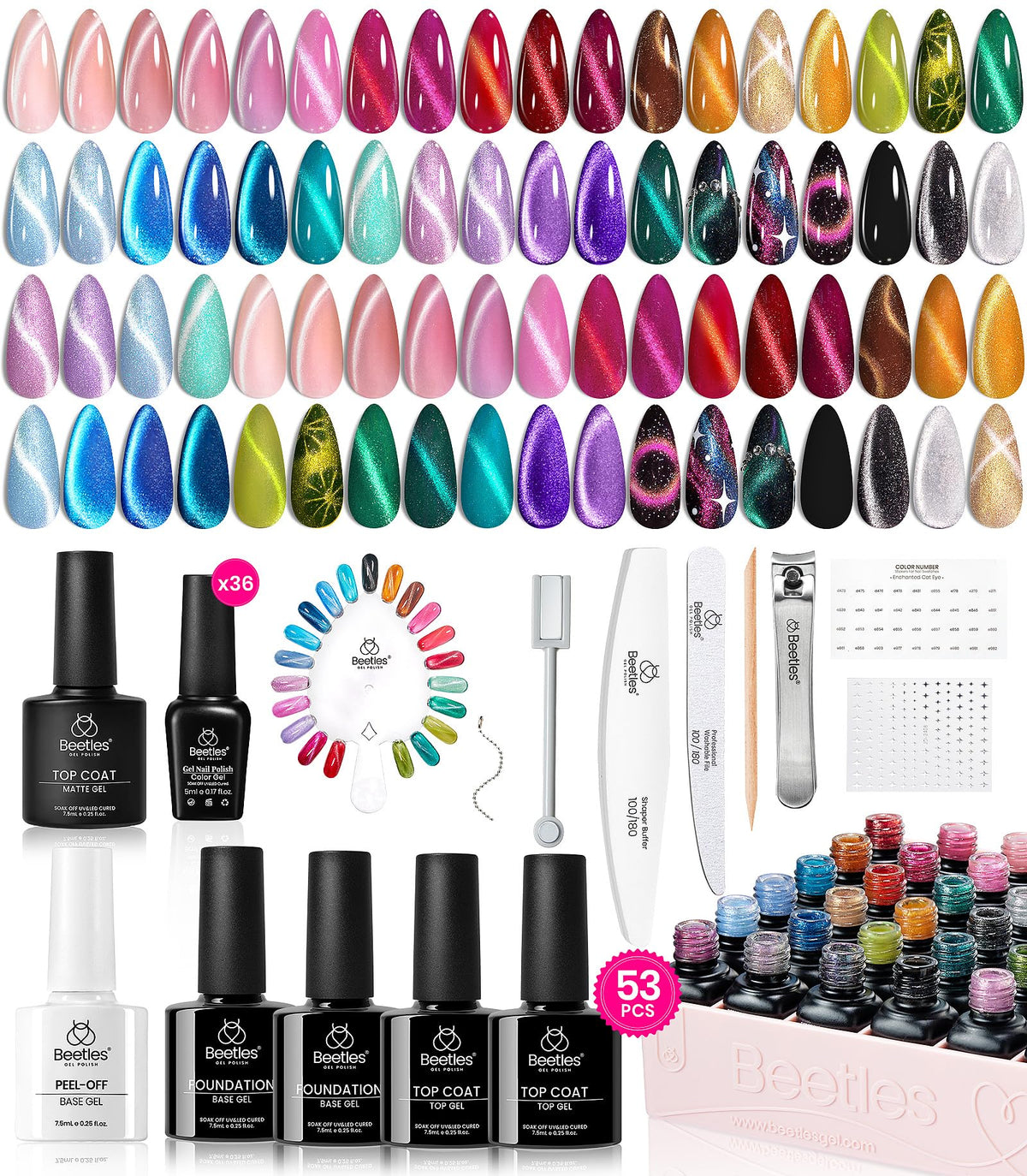 Beetles Cat Eye Gel Nail Polish Set - 36 Colors, Magnetic, Base & Top Coat, Uv Soak Off