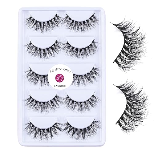 LASGOOS 100% Siberian Mink 3D False Eyelashes, Thick Volume, 5 Pairs/Box, Black