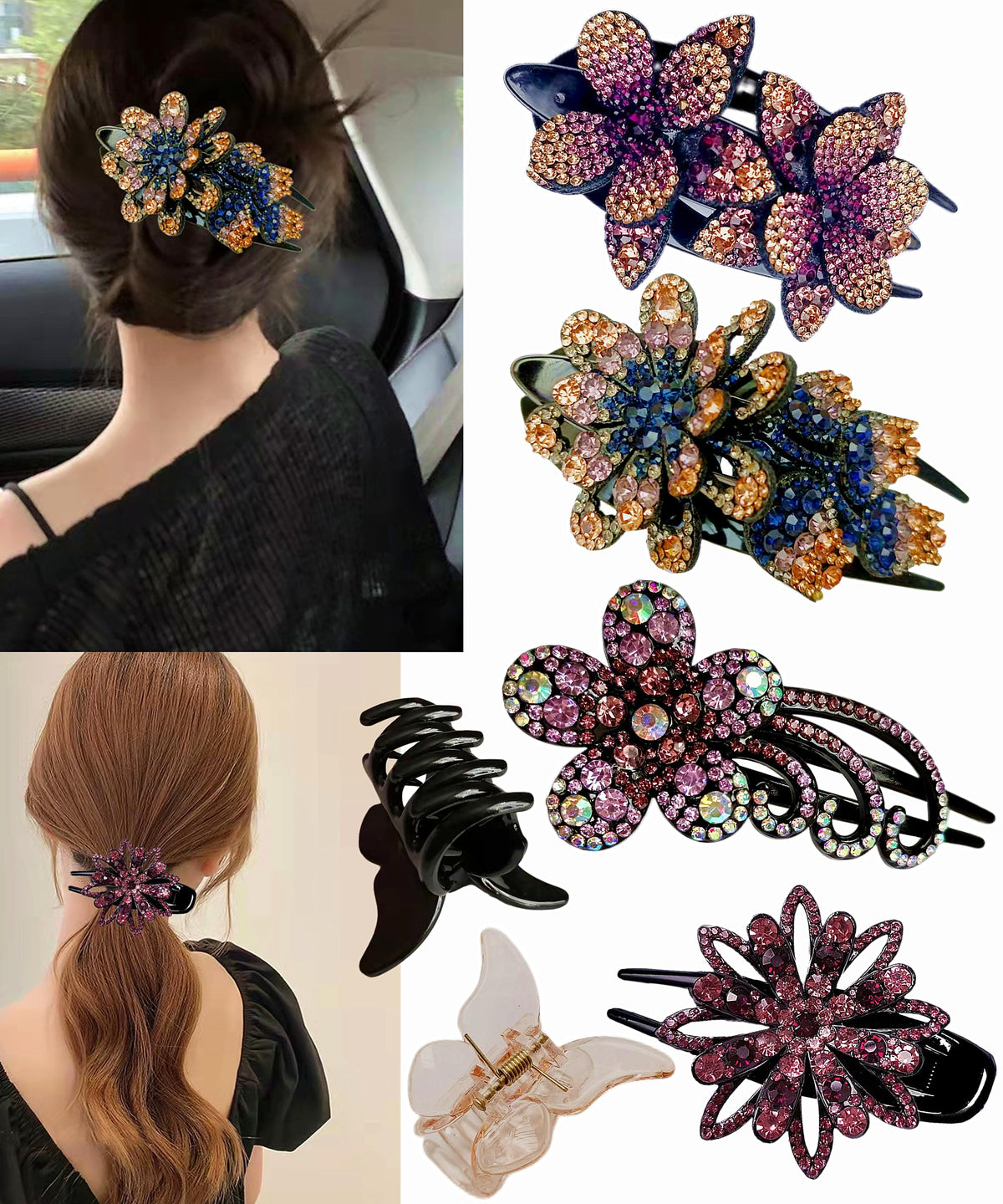 Ljc-20 6 Pcs Double Flower Rhinestone Hair Clips - Elegant Crystal Barrettes For Women