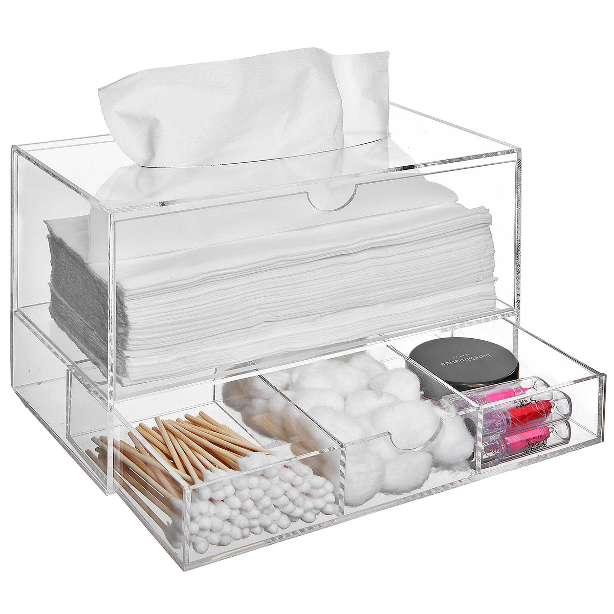 Mygift Clear Acrylic Tissue Dispenser With Drawer For Makeup, Vanity & Bathroom Supplies