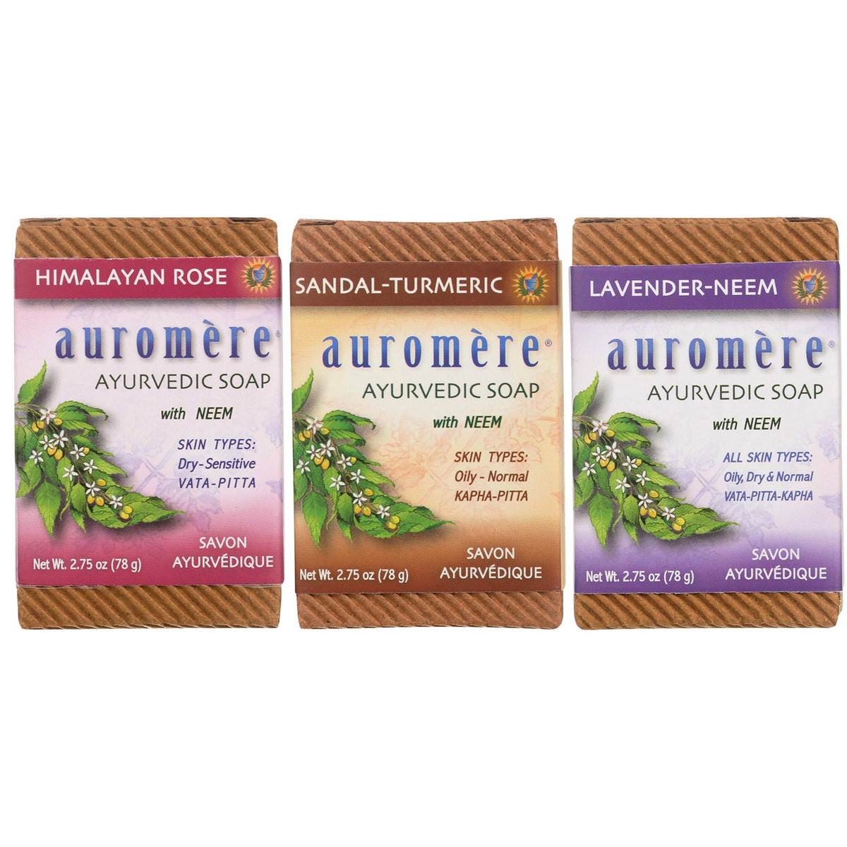 Auromere Ayurvedic Soap Variety Pack - 3 Handmade Vegan Bars With Neem & Herbs, 2.75Oz