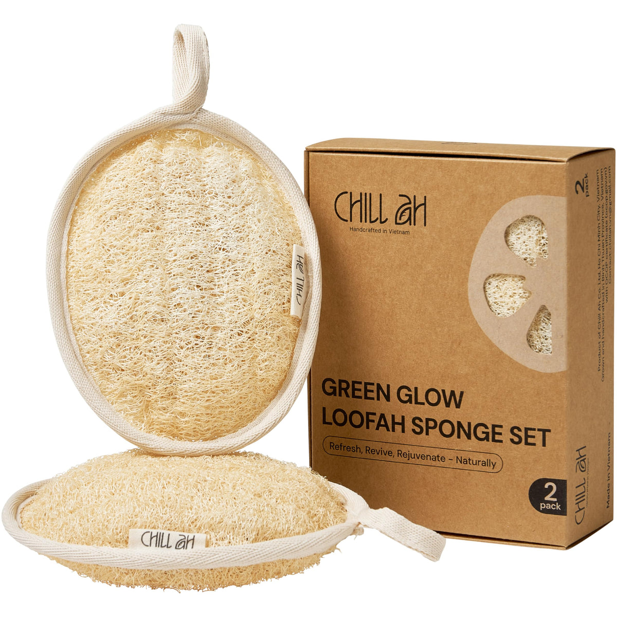 Chill Ah All Natural Loofah Bath Sponge Set – Biodegradable, Scratch-Free, 2-Pack