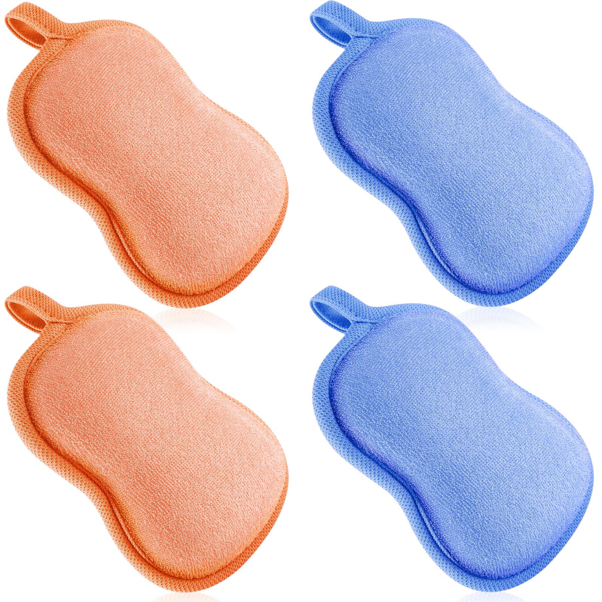 Tatuo Baby Bath Sponge Set - 4 Soft, Absorbent Cotton Sponges For Kids & Adults (Orange, Blue)