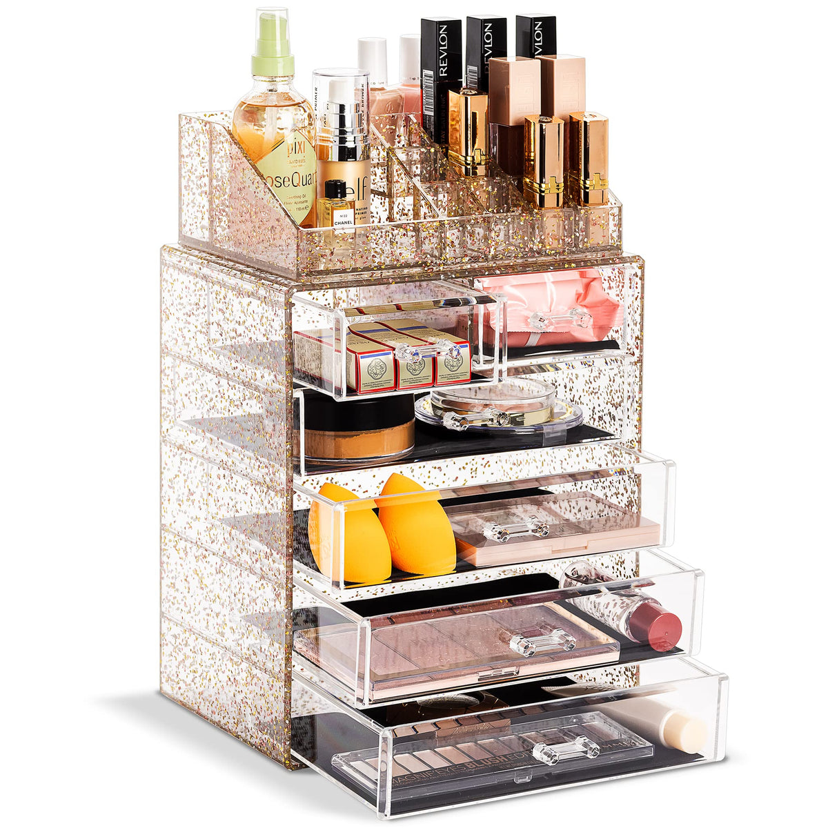 Sorbus Clear Acrylic Makeup Organizer - 4 Large & 2 Small Drawers, Glitter Jewelry Storage