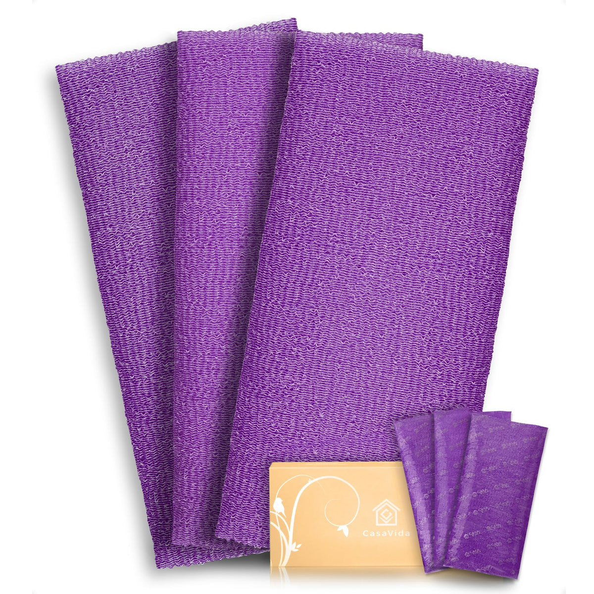 Casavida Exfoliating Washcloth Back Scrubber, 3 Pack Nylon Bath Loofah Towel, Purple