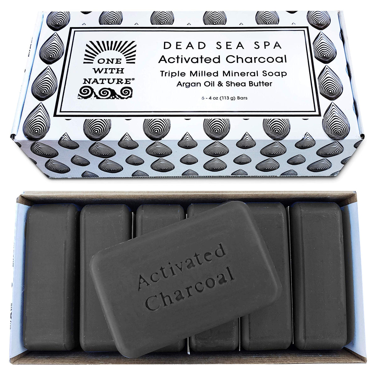 One With Nature Activated Charcoal Soap Bar 4Oz 6Pack - Dead Sea Minerals & Shea Butter