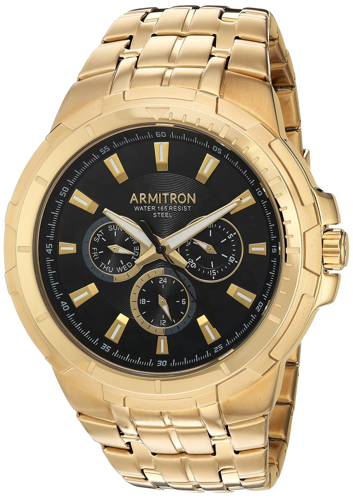 Armitron Men'S Gold-Tone Multi-Function Dial Bracelet Watch, Black Stainless Steel