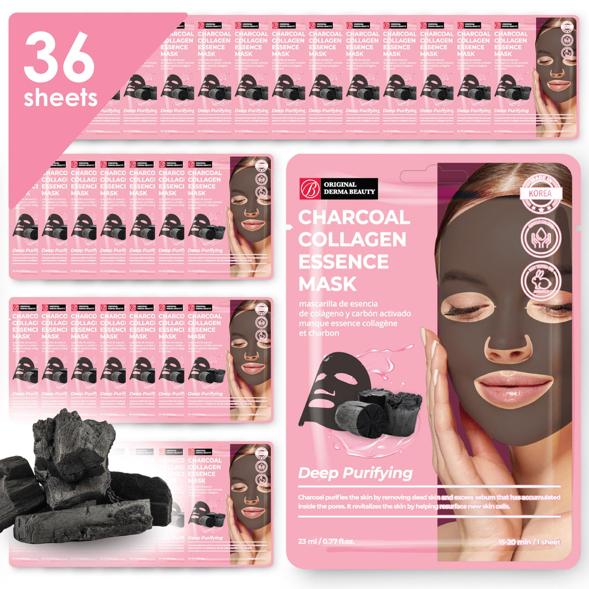 Innerest Collagen Face Masks 36 Pk - Vegan Charcoal Ultra Moisturizing Skincare Sheet Masks