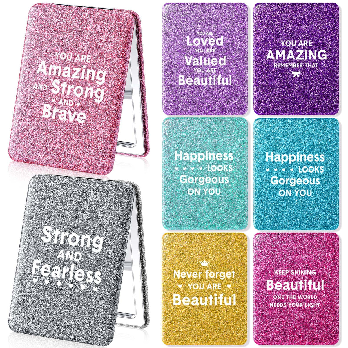 Panelee 8 Pcs Glitter Compact Mirror Set - Double Sided Pocket Mirror For Women, Birthday Gifts