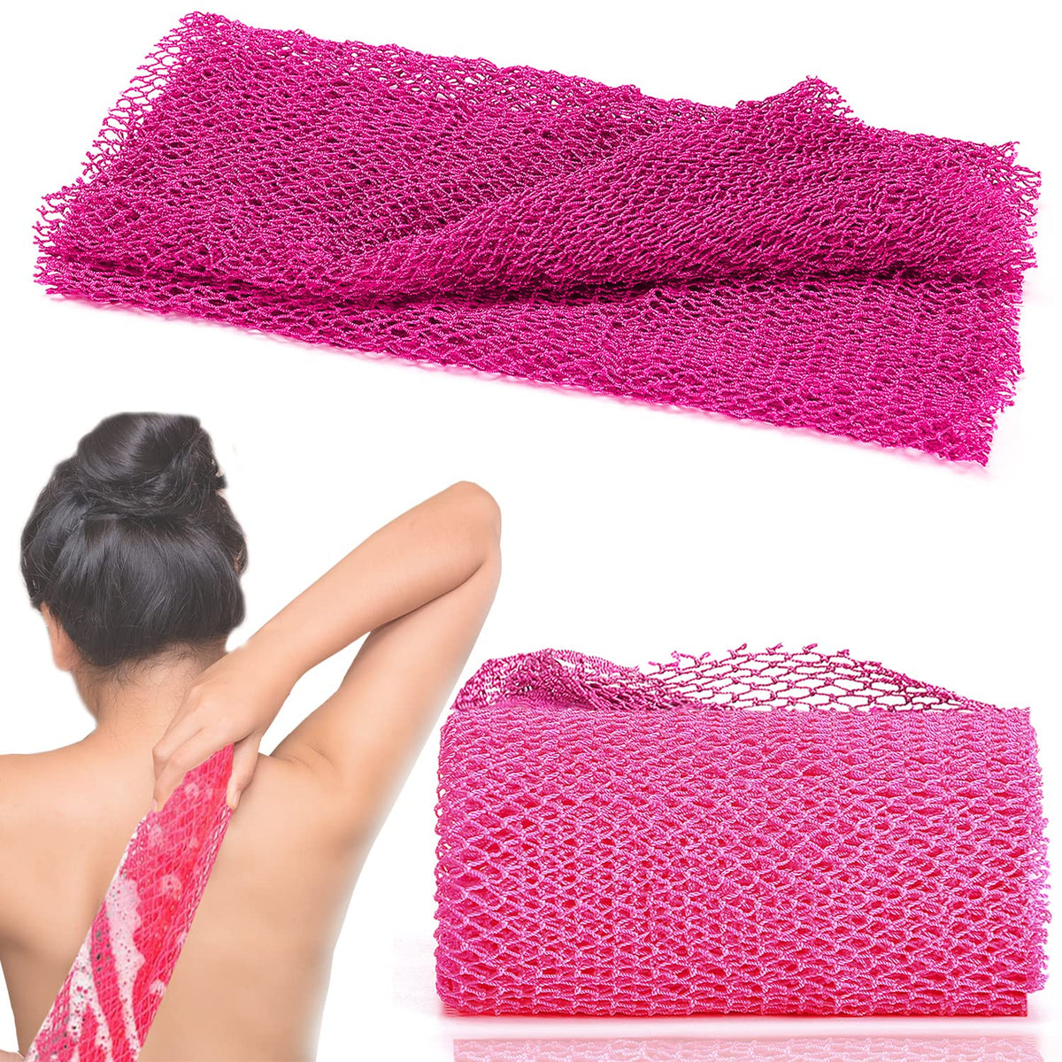 Jassins African Net Long Bath Sponge - Exfoliating Shower Scrubber, 66 Inch, Pink