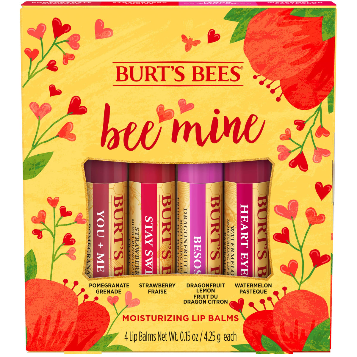 Burt's Bees Bee Mine Lip Balm Gift Set - 4 Personalized Balms in Strawberry, Dragonfruit, Pomegranate, Watermelon