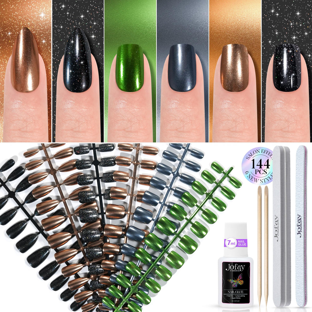 Jofay Fashion Chrome Press On Nails - 144Pcs Glitter Stiletto Fake Nails With Glue, Set D