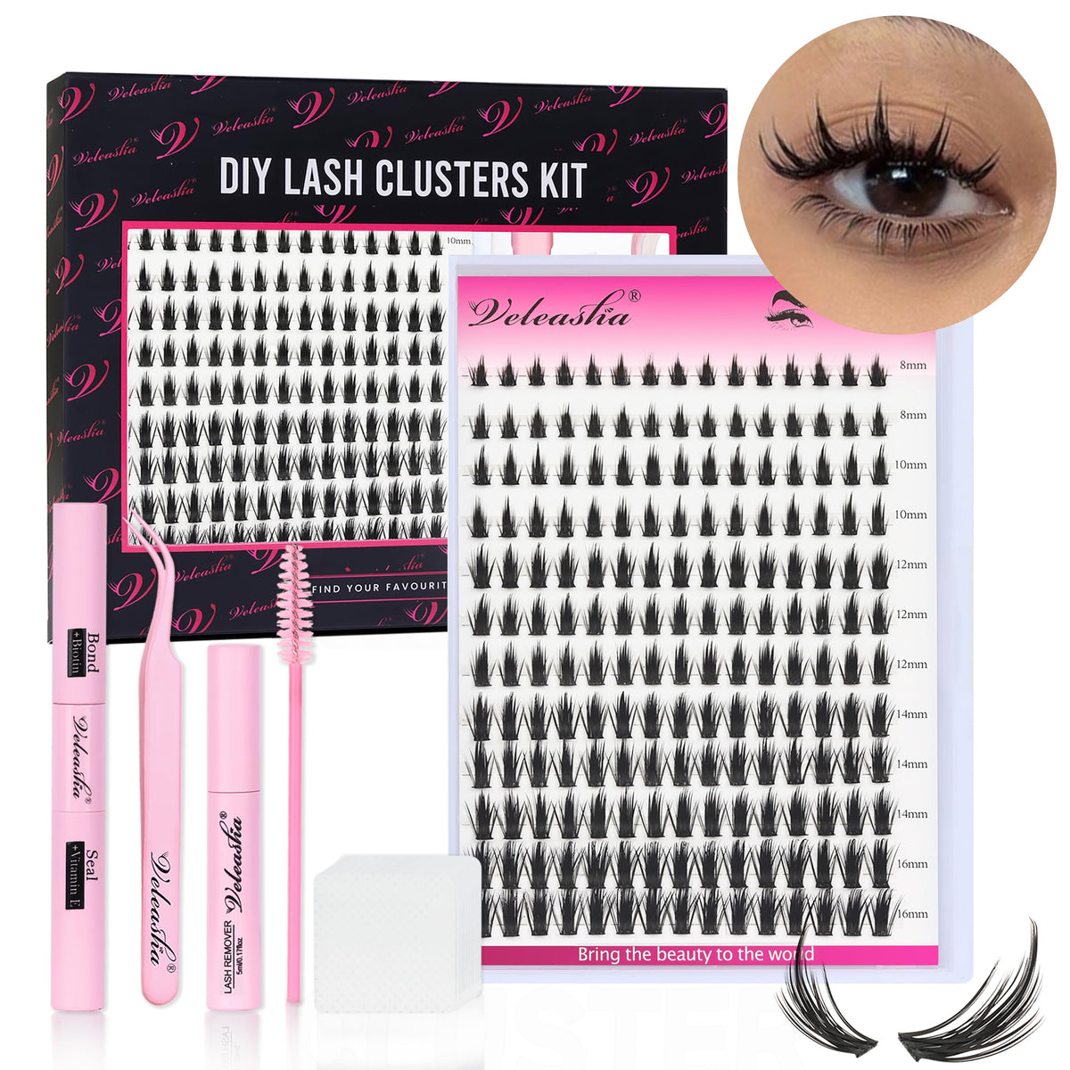 Veleasha Manga Lash Clusters Kit - 8-16Mm C Curl Faux Mink Lashes With Bond, Seal & Tweezers