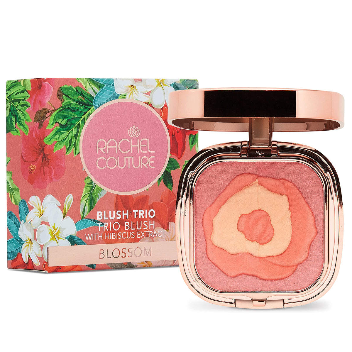 Rachel Couture Blush Trio - Vegan Hibiscus Infused Compact For Radiant Glow, 0.32 Oz - Blossom