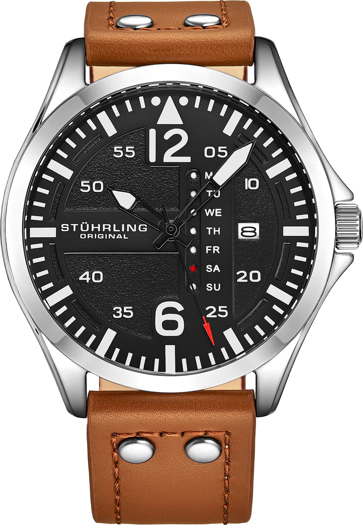 Stuhrling Original Men'S Aviation Leather Watch With Quick-Set Day-Date And Steel Rivets