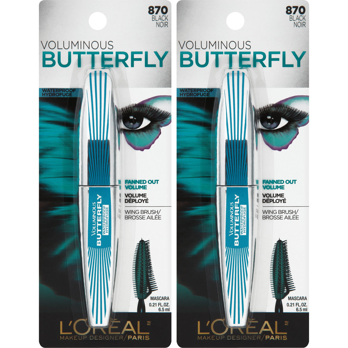 L'Oreal Paris Voluminous Butterfly Waterproof Mascara, Black, 2 Count