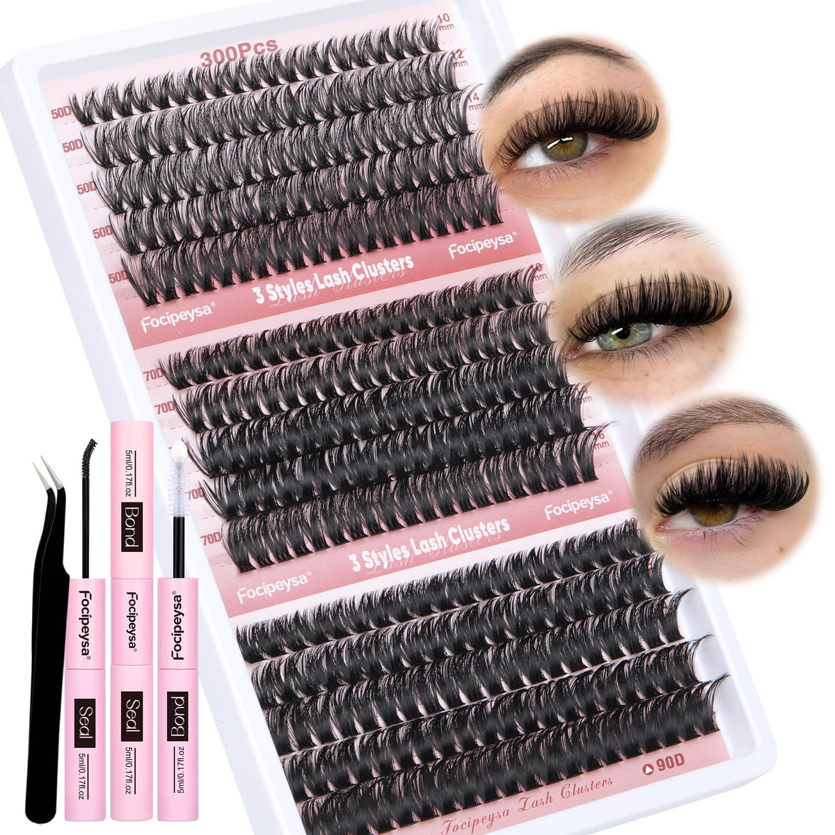 Focipeysa 300Pcs Eyelash Extension Kit - 50D/70D/90D Faux Mink Fluffy Volume Cl