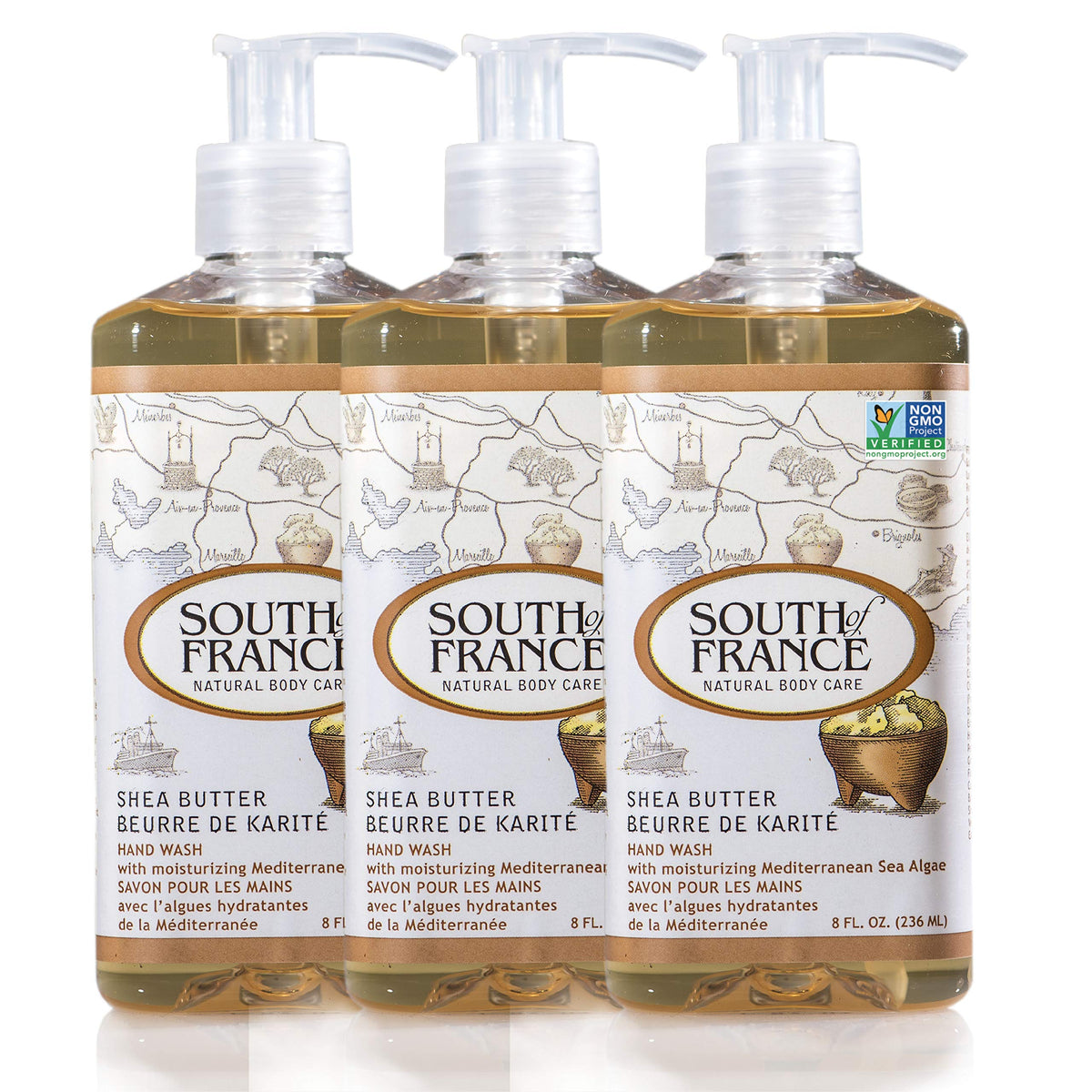 South Of France Shea Butter Hand Wash - Moisturizing Liquid Soap, 8 Oz Pump Bottle, 3 Pack