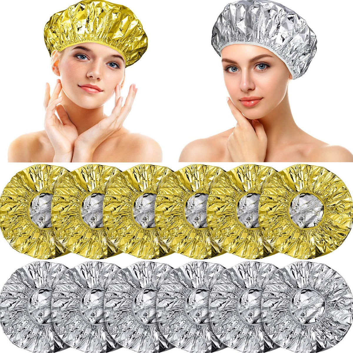 Willbond 12 Pack Aluminum Foil Deep Conditioning Hair Caps - Golden & Silvery, 12 Inch