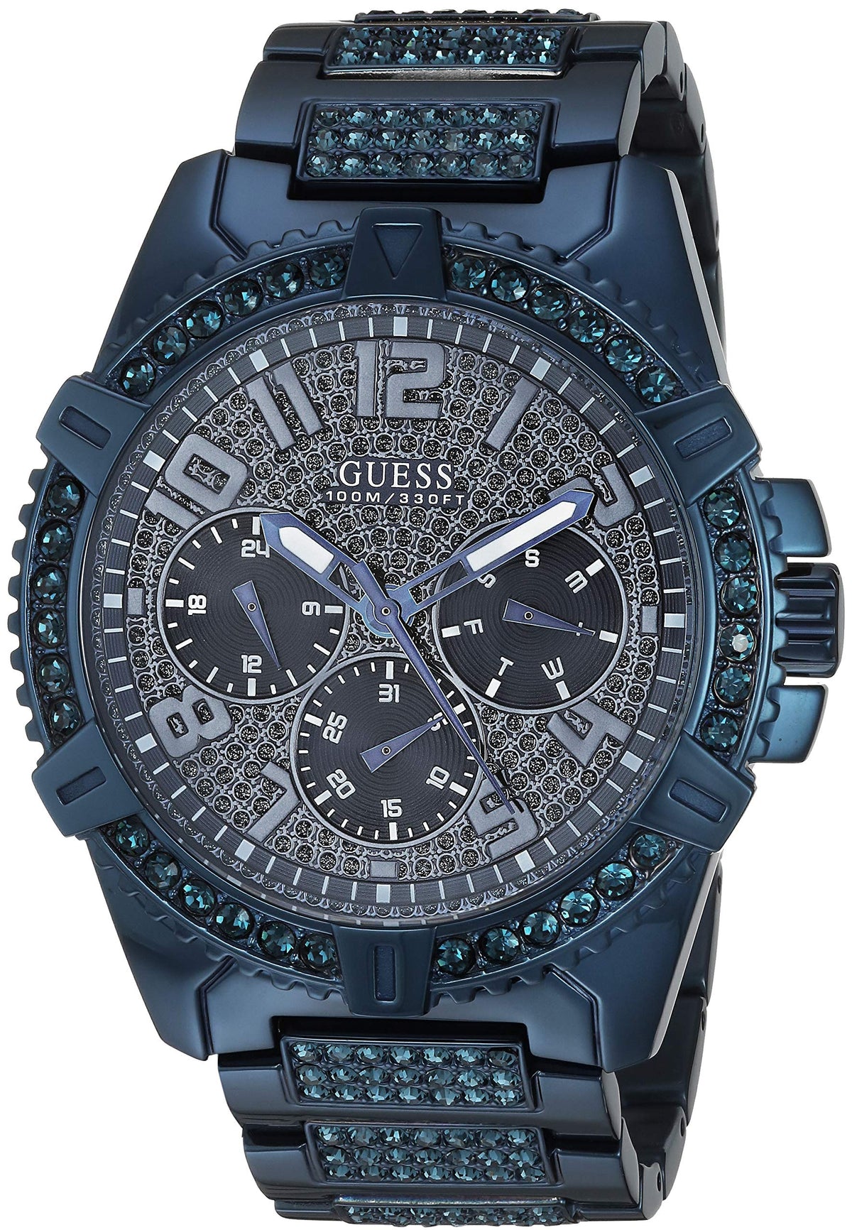 Guess Blue Crystal Stainless Steel Bracelet Watch With Day, Date & 24-Hour Time U0799G6