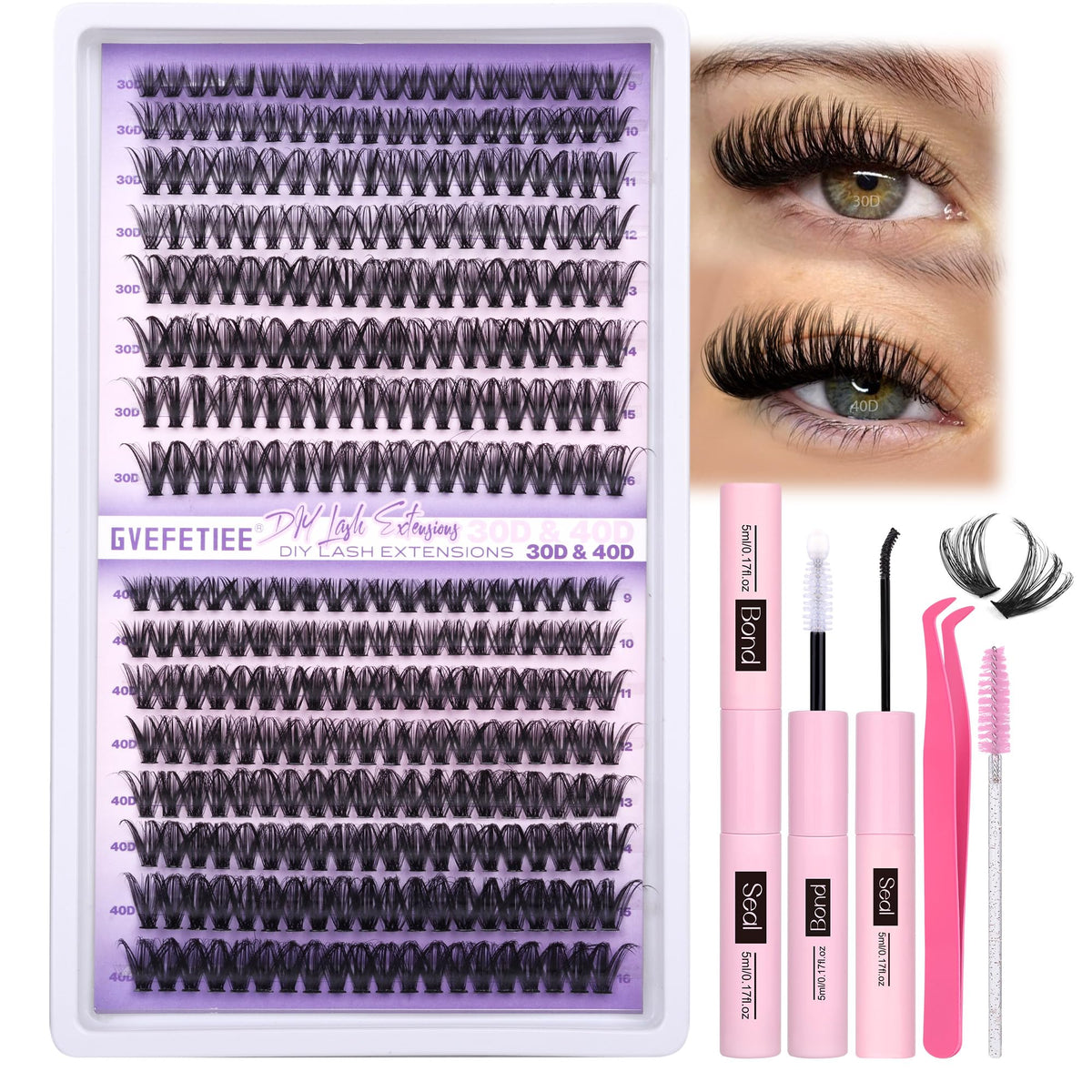 Gvefetiee Lash Extensions Kit - 320 Pcs D Curl Individual Lashes, Waterproof Bond & Tweezers, 