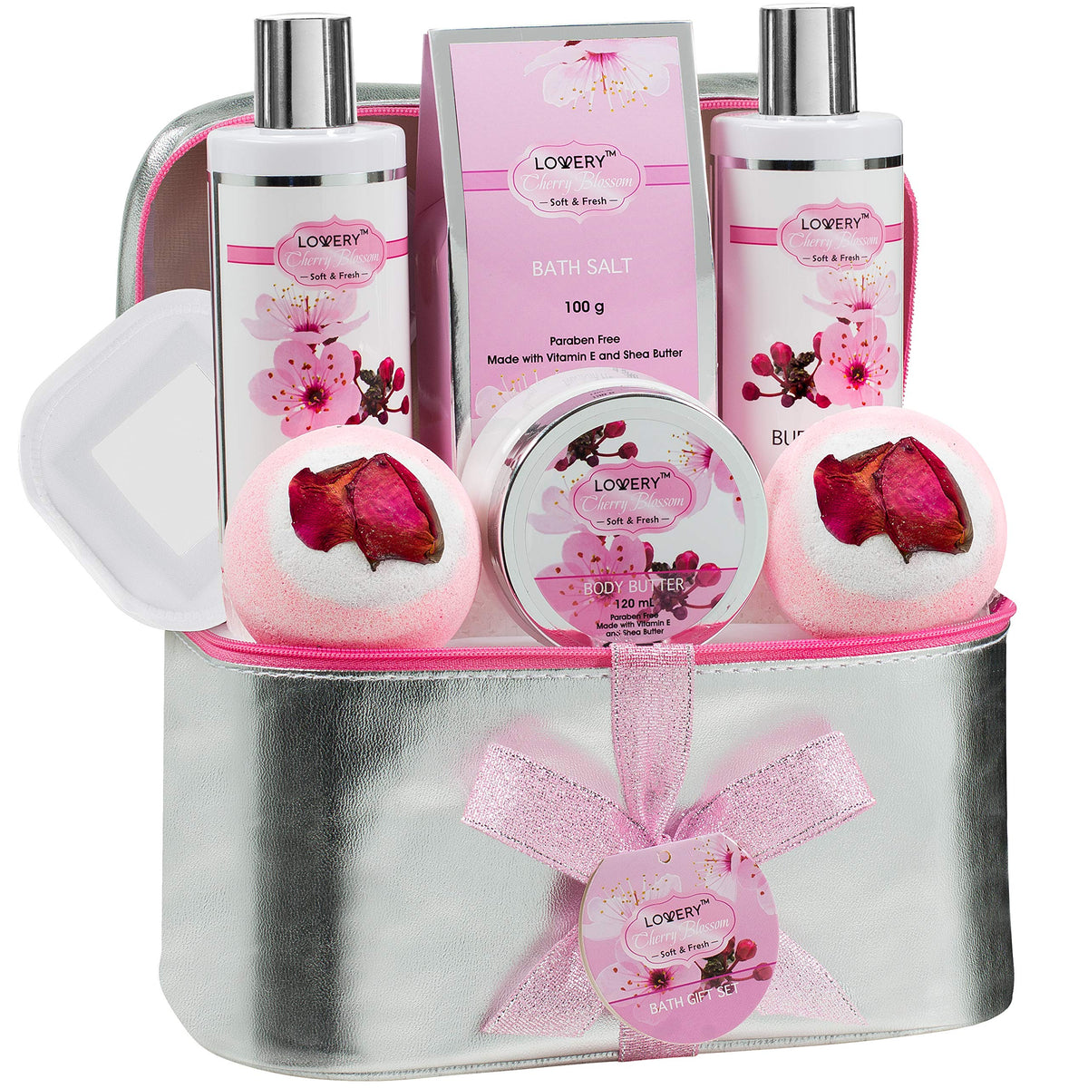 Lovery Cherry Blossom Spa Gift Basket Set For Women - 8 Piece Bath & Body Essentials