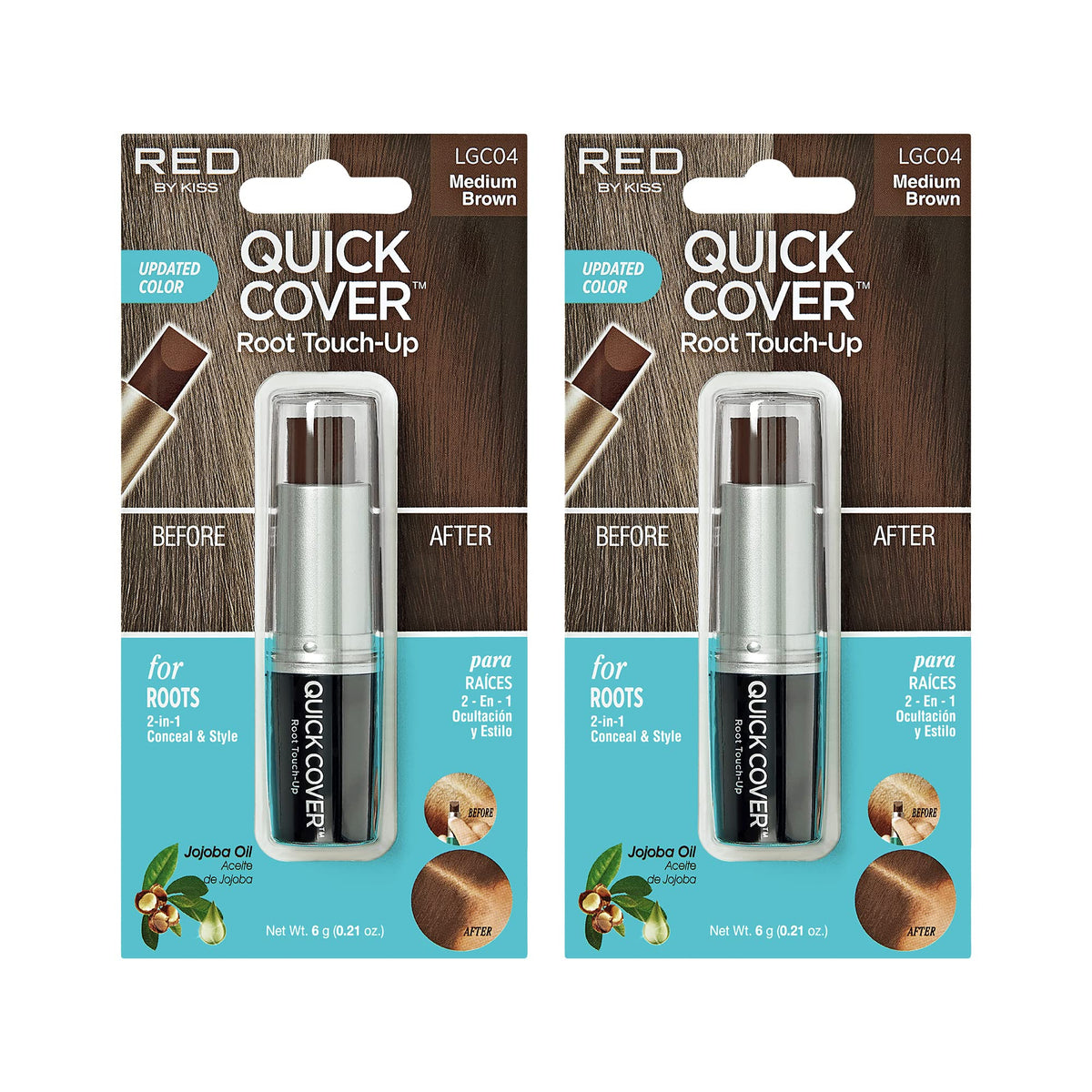 Red By Kiss Quick Cover Root Touch Up Stick, 2Pcs Water-Resistant Gray Concealer, Medium Brown