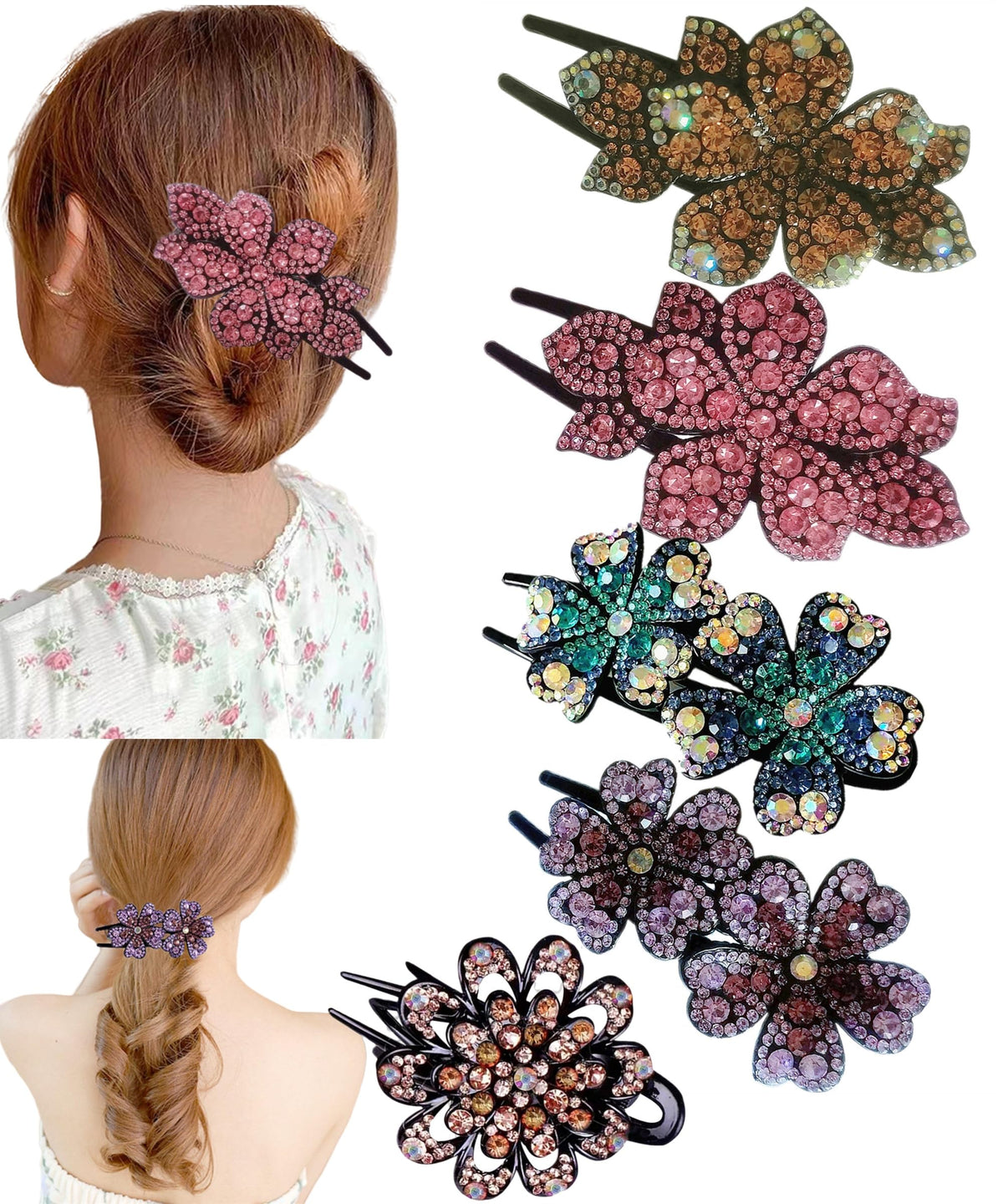 Ljc-20 5 Pcs Double Flower Rhinestone Hair Clips - Elegant Luxury Crystal Barrettes For Women