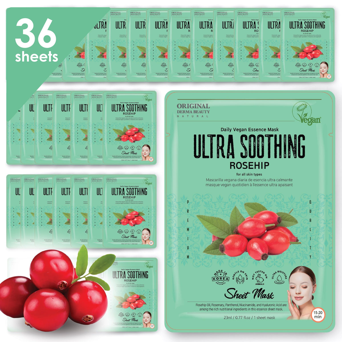 Innerest Vegan Rosehip Collagen Face Masks 36 Pk - Ultra Soothing Korean Skin Care Sheet Masks