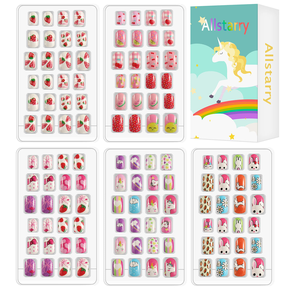 Allstarry 120pcs Children Press On Nails - Glitter Gradient Rainbow Short False Nail Kits