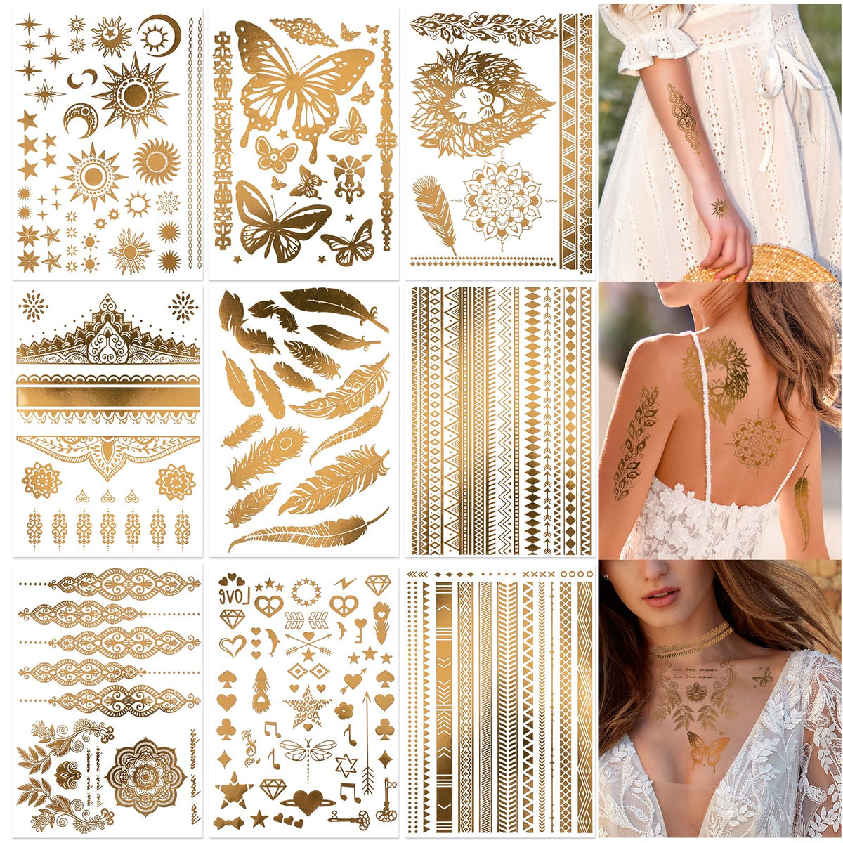 Dpkow Gold Temporary Metallic Tattoos - 9 Sheets Glitter Moon Star Butterfly Waterproof Stickers