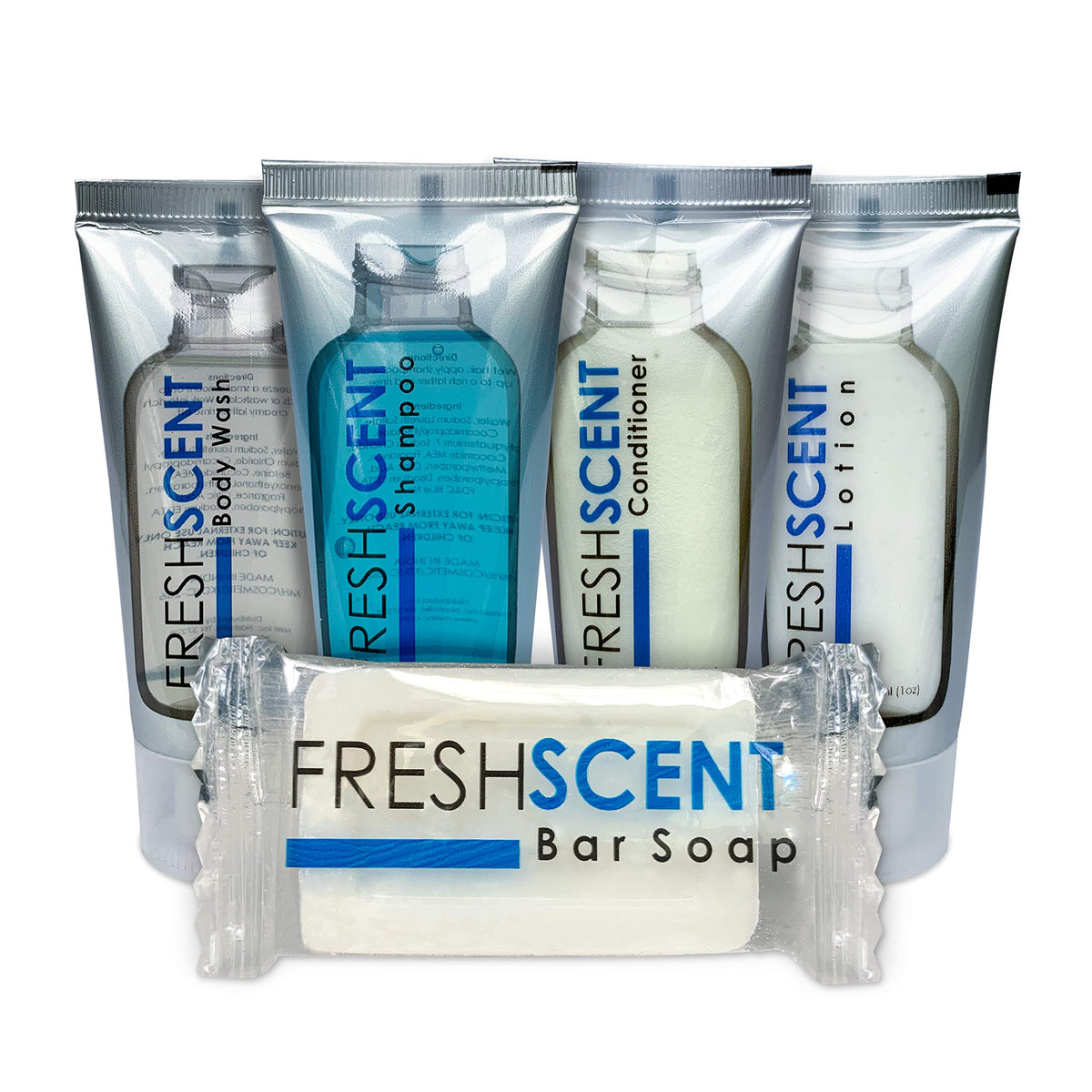 Freshscent 250 Piece Hotel Toiletries Set - Travel Size Shampoo, Conditioner, Body Wash, Lotion & Soap