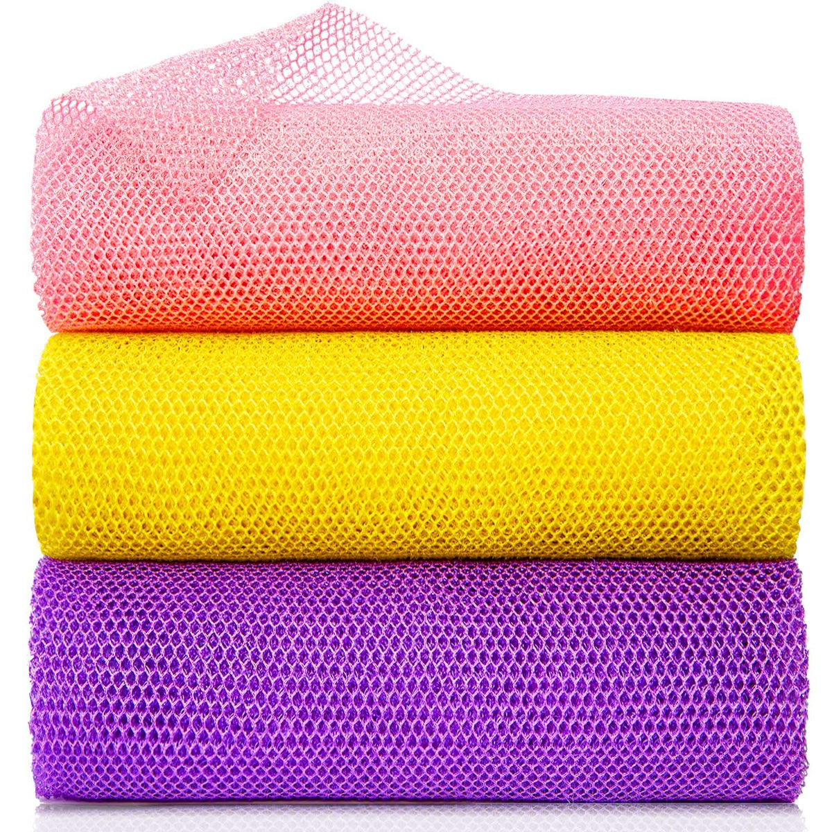 Gigules African Exfoliating Net Sponge - 3 Pack, Yellow Pink Purple, Nylon Body Scrubber