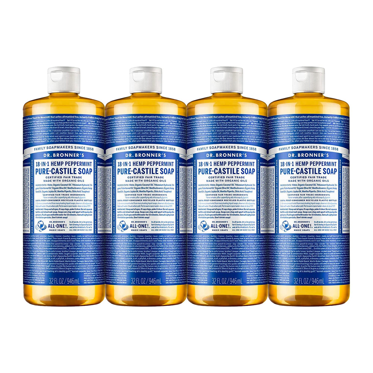 Dr. Bronner'S Pure-Castile Liquid Soap, Peppermint, 32Oz (4-Pack) - Organic, Vegan,