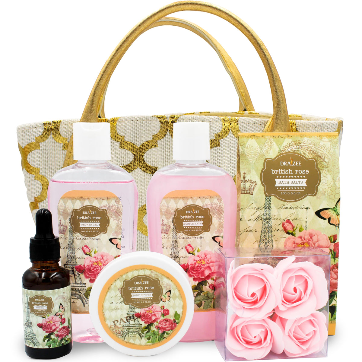 Draizee Spa Gift Set For Women - 6 Pcs British Rose Scented Bath & Body Essentials