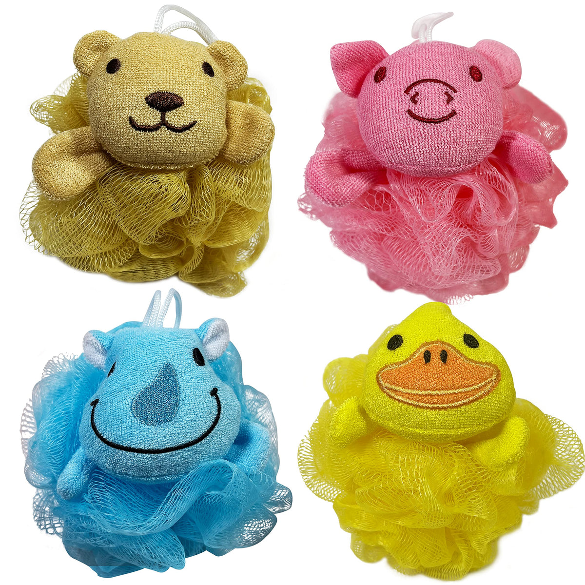 Bleu Bath Kids Exfoliating Bath Scrubber 4 Pack - Colorful Animal Design Shower Pouf For Toddlers