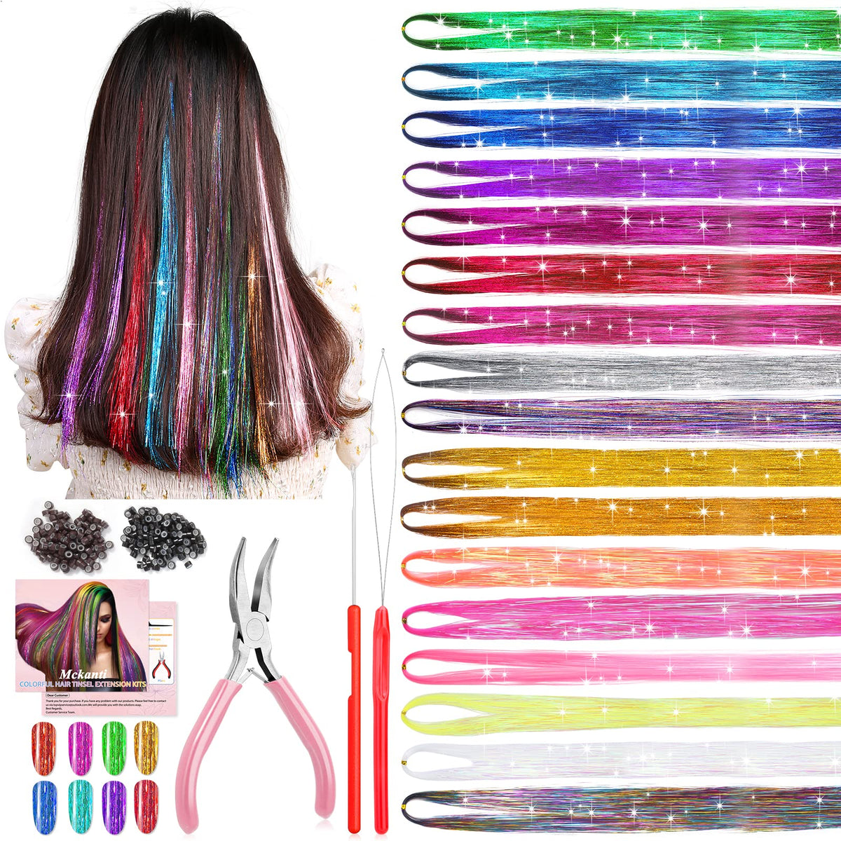 Mckanti 17 Colors Hair Tinsel Kit - 3400 Strands Synthetic Glitter Extensions For Fashion