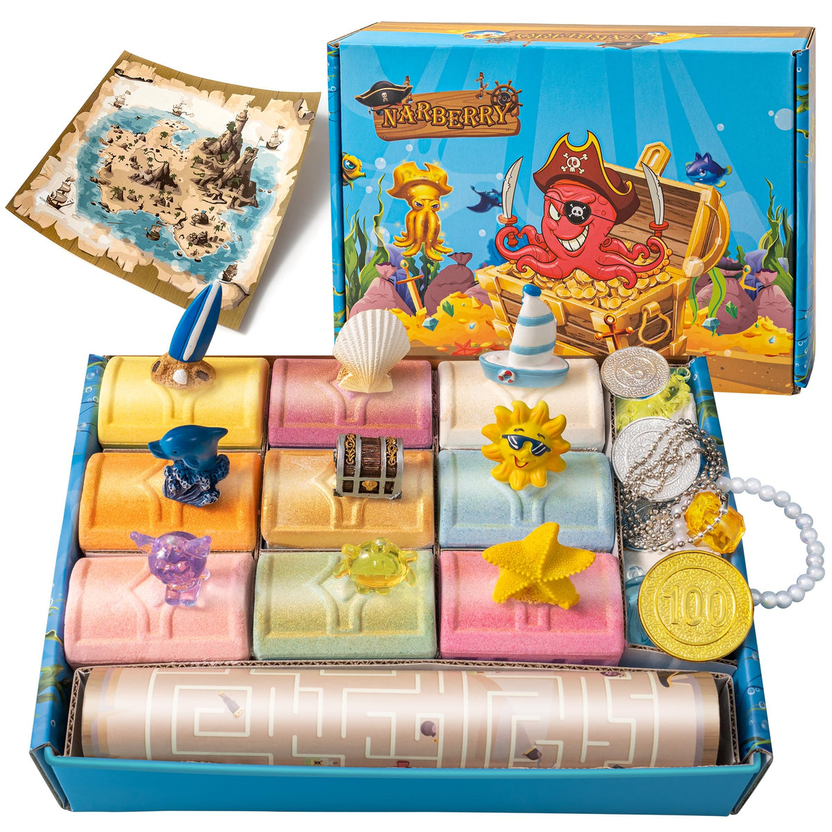 Narberry Bath Bombs For Kids - 9 Pack Treasure Chest With Surprise Toys, Fun & Educational Gift