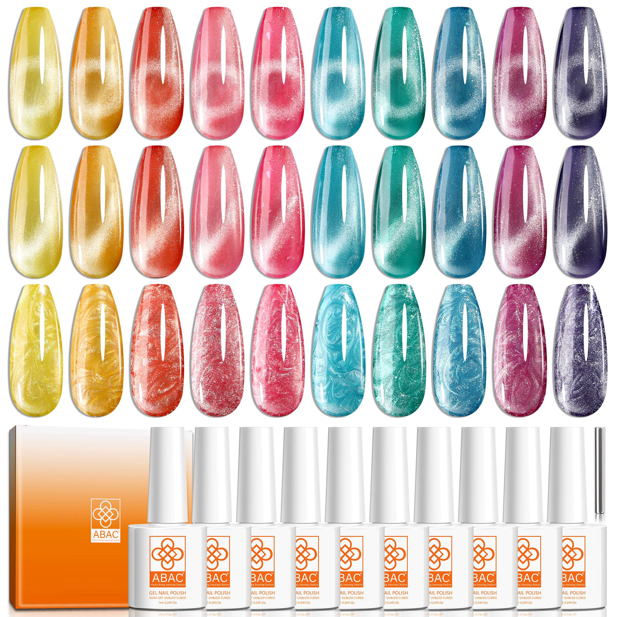 Abac 10 Colors Pastel Cat Eye Gel Nail Polish Set - Hema Free, Uv Led Soak Off, Rivendell