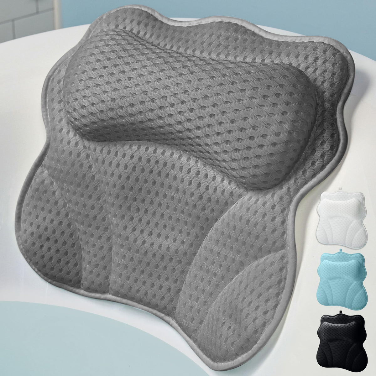 Wonderfoam Gray Thick Padded Bath Pillow - Ergonomic Headrest With Strong Suction, Quick Dry Mesh