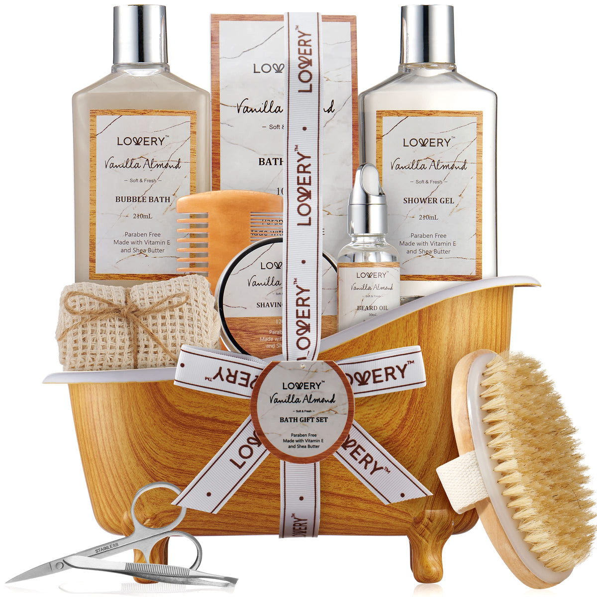 Lovery 11Pc Vanilla Almond Spa Gift Set For Him - Unique Grooming & Self Care Baskets