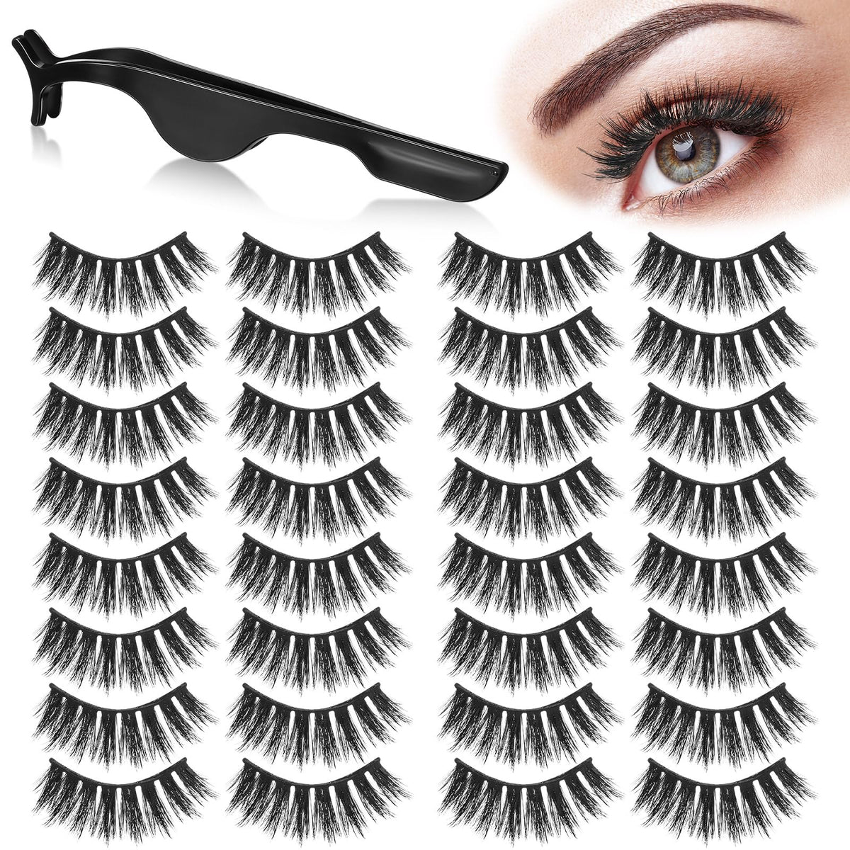 Linyuthia 16 Pair Reusable Self Adhesive Eyelashes - Waterproof, Easy To Apply, Black Thick Style