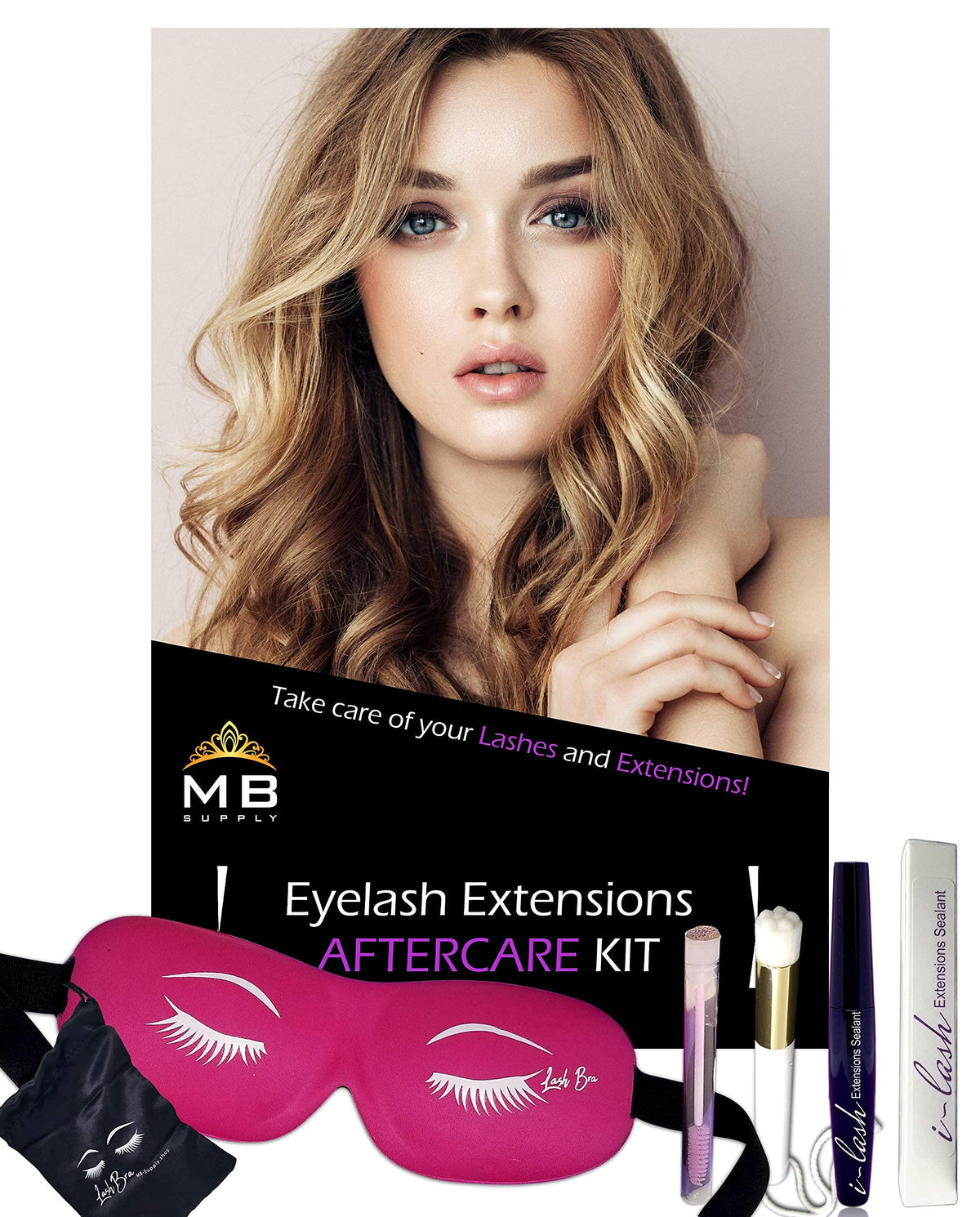 Mbsupply Eyelash Extensions Aftercare Kit - Sealant, Brush, Spoolie & 3D Sleep Mask - Pink