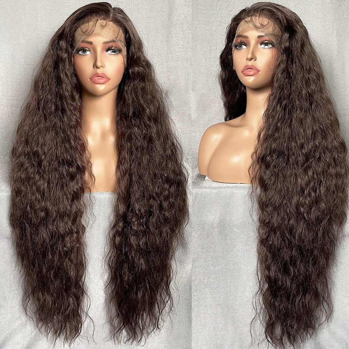 Soku 34&quot; Lace Frontal Water Wave Wig, Natural Brown, Heat Resistant, Pre-Plucked, Synthetic Hair