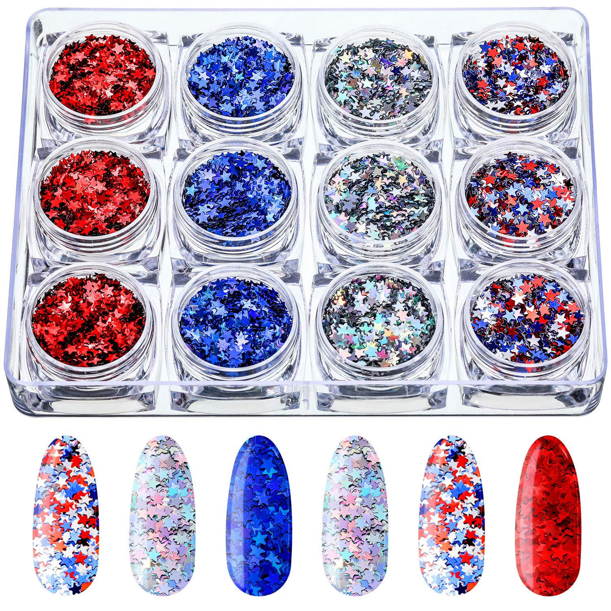 Blulu 12 Boxes 4th of July Star Nail Art Sequins Glitter for Nails, Eye, Face, Body Decorations