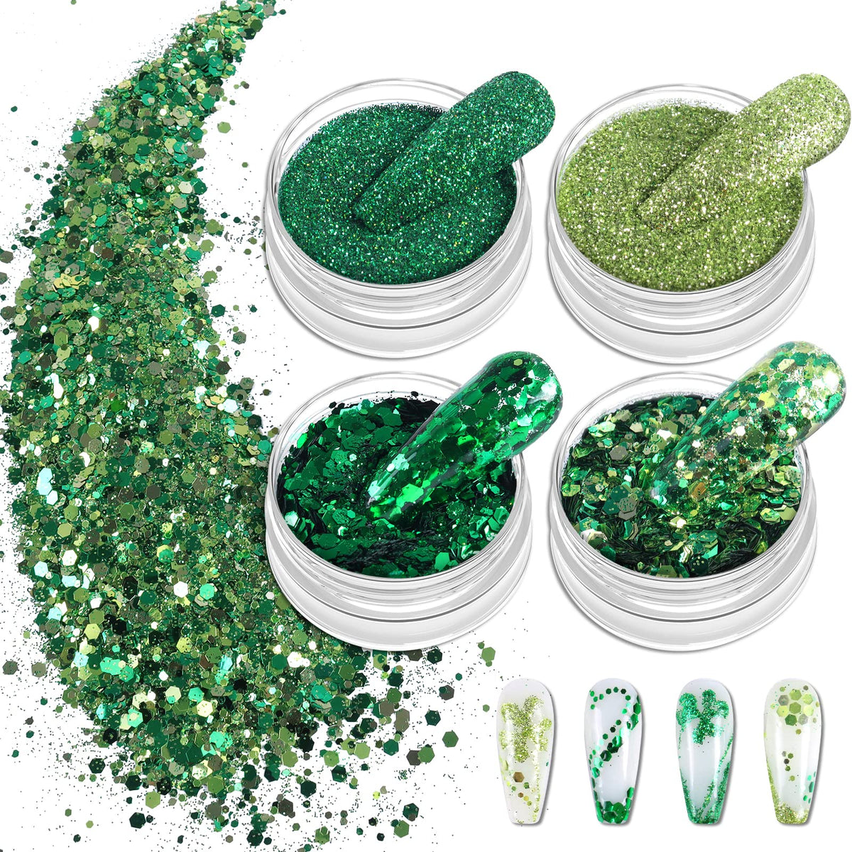 Allstarry Shamrock Green Holographic Nail Glitter - 4 Colors Iridescent Chunky Flakes for DIY Crafts